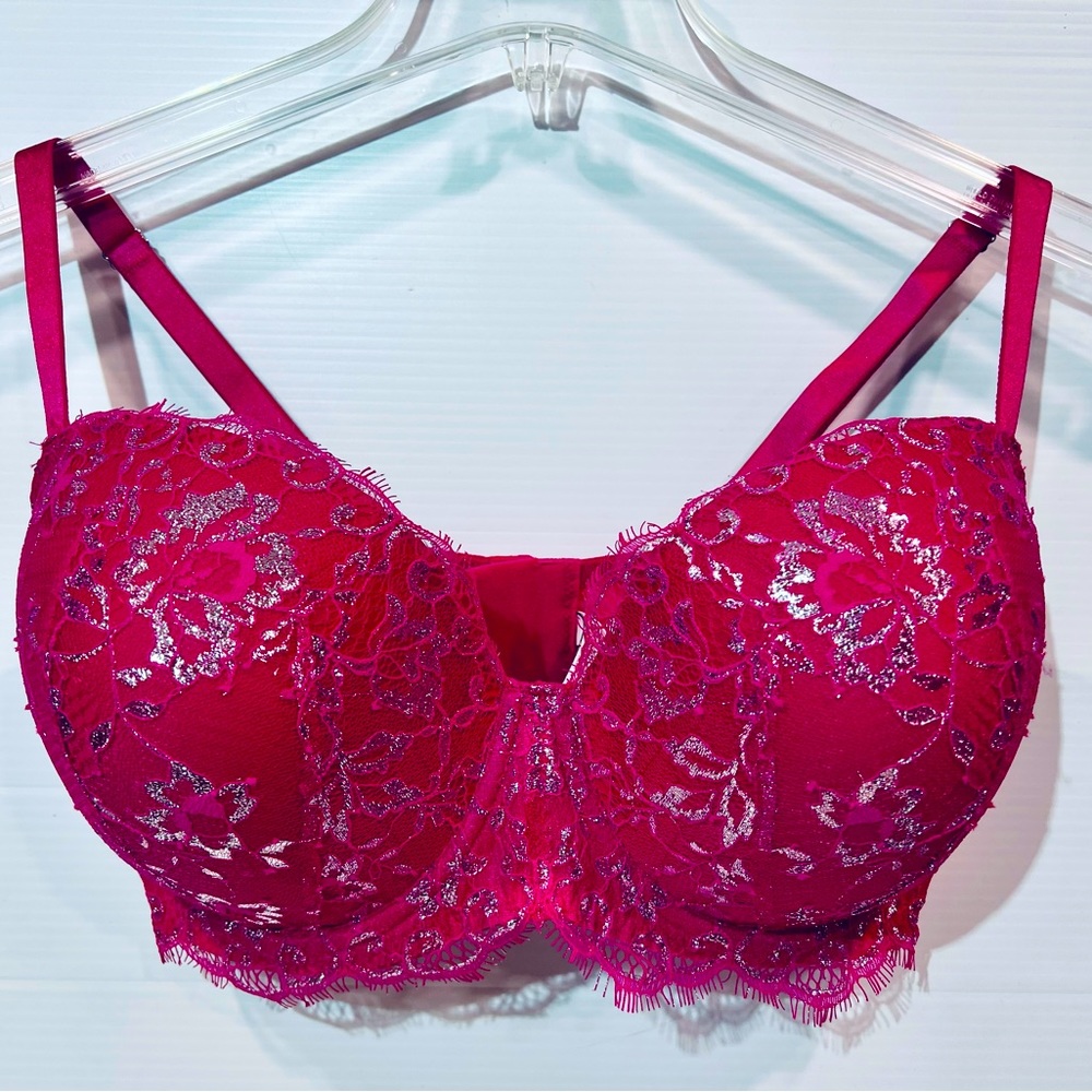 NWOT 36DDD Victorias Secret Dream Angels Lined Demi Lace Trim Bra Magenta/silver
